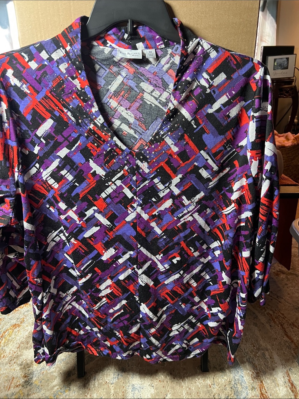 Kim Rogers Purple Black Red Geometric V-Neck Long Sleeve Top